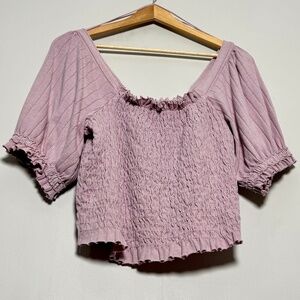 Free People We the Free Lavender Smocked Puff Sleeve Crop Cotton Top Sz L